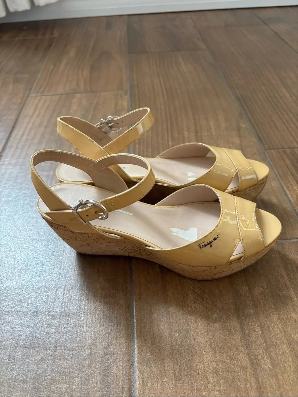 Salvatore Ferragamo Patent Leather My Sunset Cork Wedge Sandals Size 7.5 M